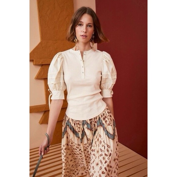 Tops - ULLA JOHNSON Iman Top Size P Cream Cotton Poplin Rib Knit Short‎ Puff Sleeves XS